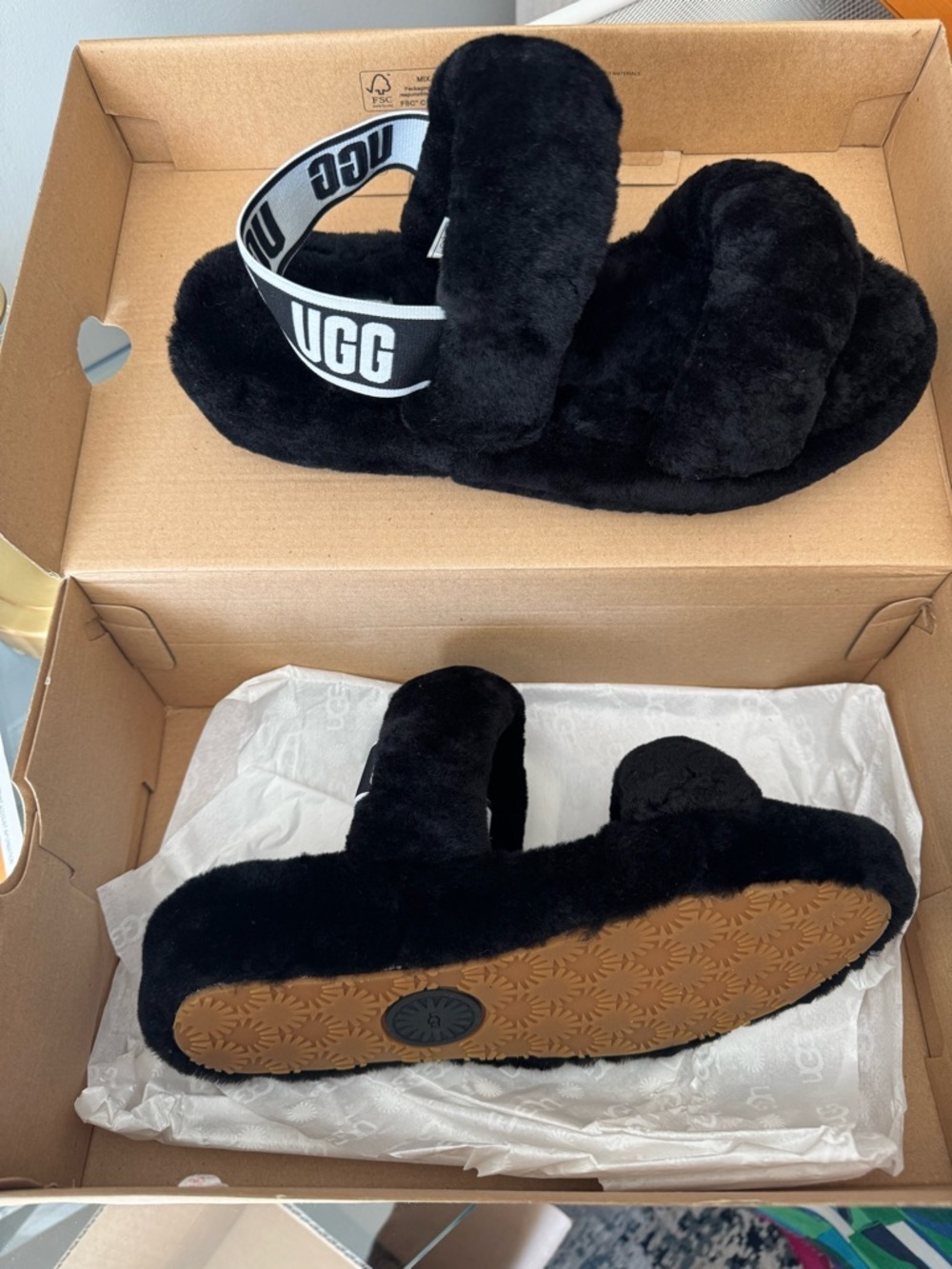 UGG Black Fuzz Slide Slippers with Tan Soles
